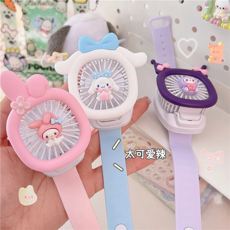 

Kawaii Sanrios Portable Wrist Strap Anime Kuromi Melody Cinnamoroll Mini Watch Handheld Fan Usb Charging Small Fans with Light