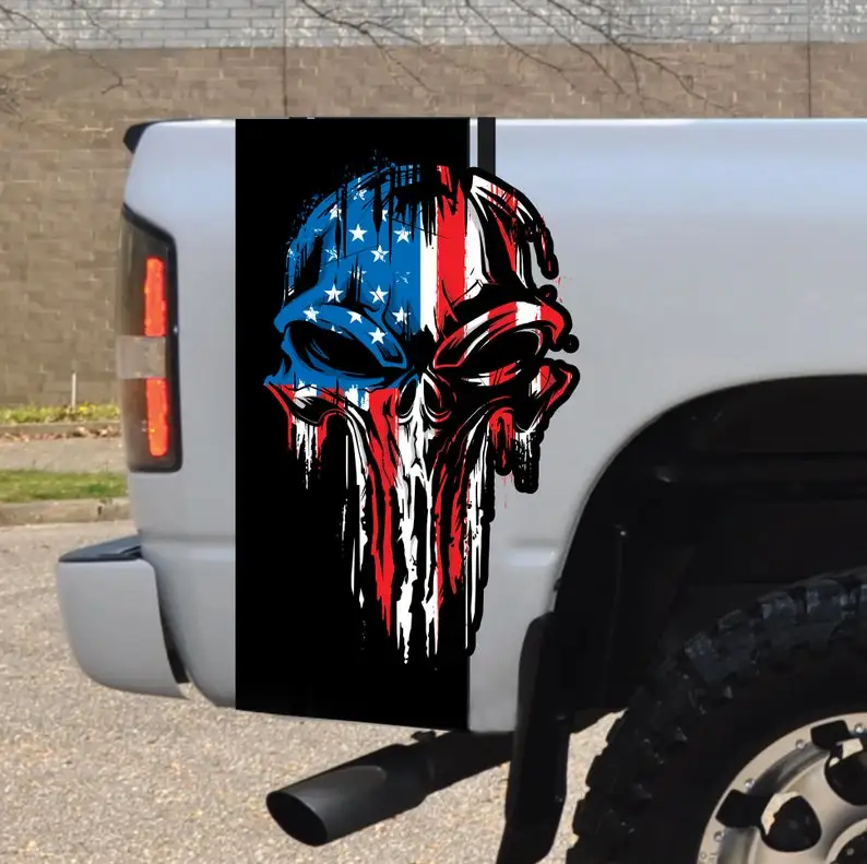 

USA, Sport Skull Demon Devil Grunge Design Hood Door Car Bed Pickup Vehicle Truck Vinyl Graphic Decal Tailgate