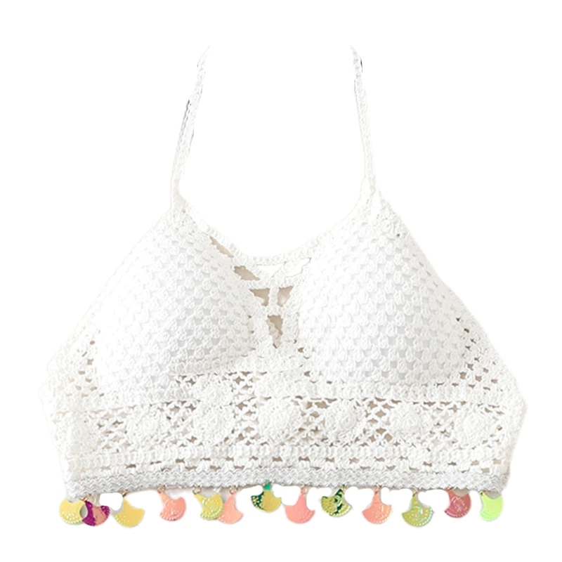 

Women Beach Halter V-Neck Strappy Bikini Bra Hollow Crochet Knit Padded Camisole Colorful Metal Shell Tassel Hem Bustier топы