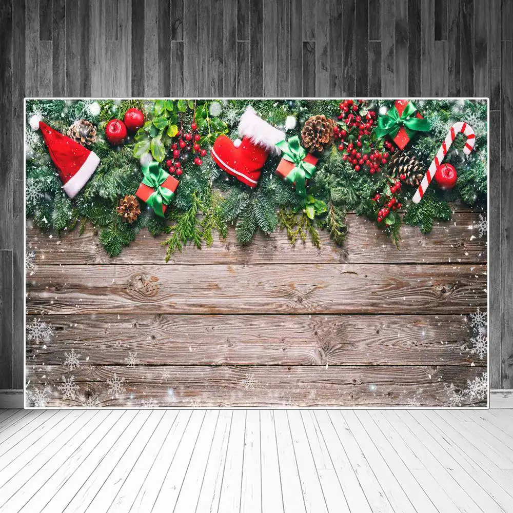 

Christmas Pine Cone Holly Leaves Snowflakes Wooden Planks Photography Backgrounds Custom Baby Party Decoration Photo Backdrops