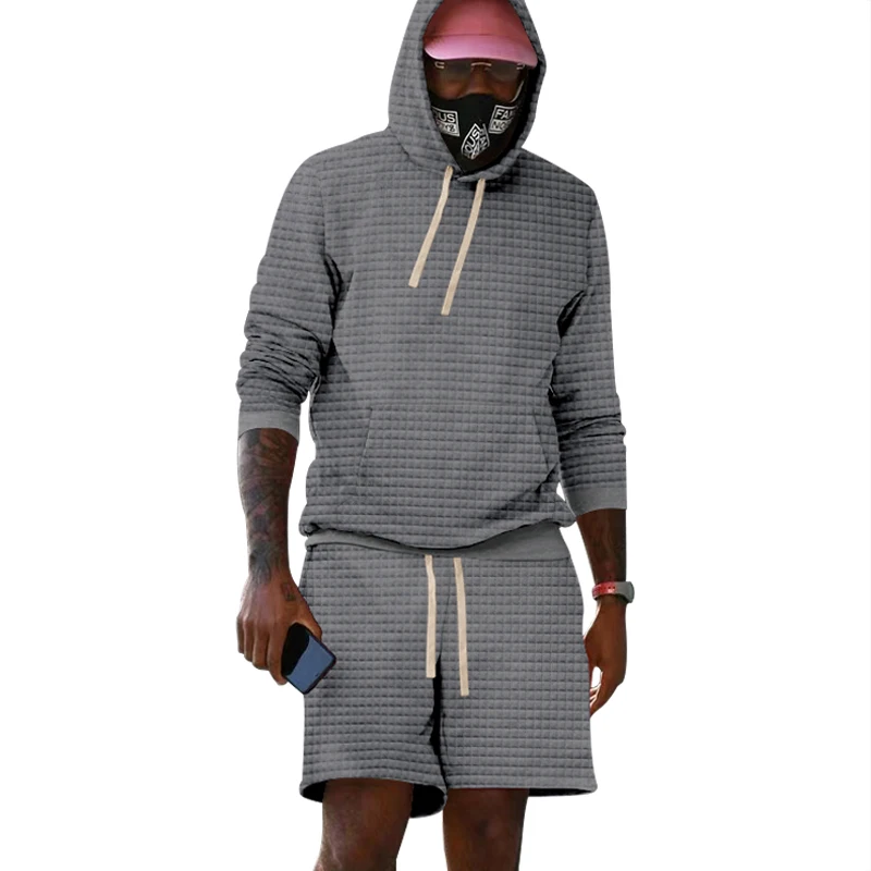 2023 Cross border Men's Loose Solid Hooded Set Loose Sports Casual Checkered Long Sleeve Drawstring Shorts Set