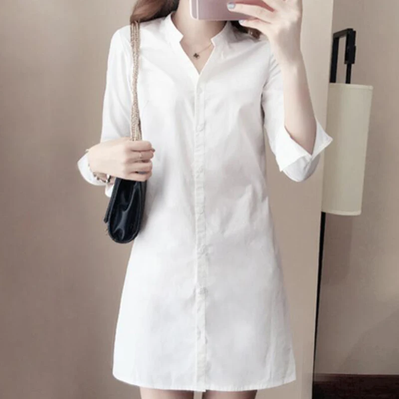 White Long Blouse Spring Autumn Woman Korean Fashion V-Neck Long Sleeve Button Down Shirt for Women Casual Loose Cotton Blouses