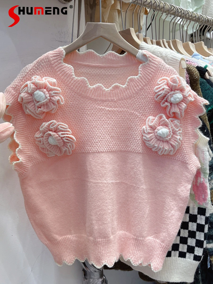 

2022 Autumn New Korean Style Fashion Fairy Loose Knitted Tank Women Sweet Simple 3D Rose Round Neck Loose Pullover Sweater Vest