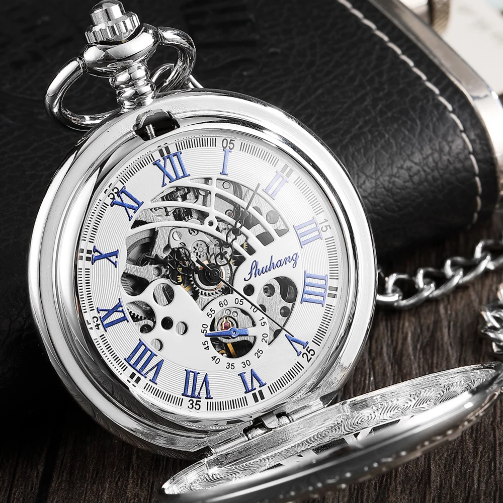 Silver Mechanical Pocket Watch Men Luxury Gear Skeleton Clock Steampunk Hand Wind Antique Pendant Roman Dial Women reloj hombre