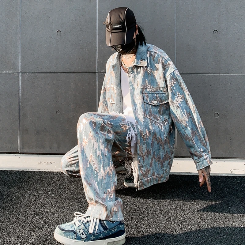 Straight Leg Sequins Designer Jeans Mens Korean Fashion Trends Hip Hop Streetwear Clothing Teenage Dancer Stage Show Denim Pants