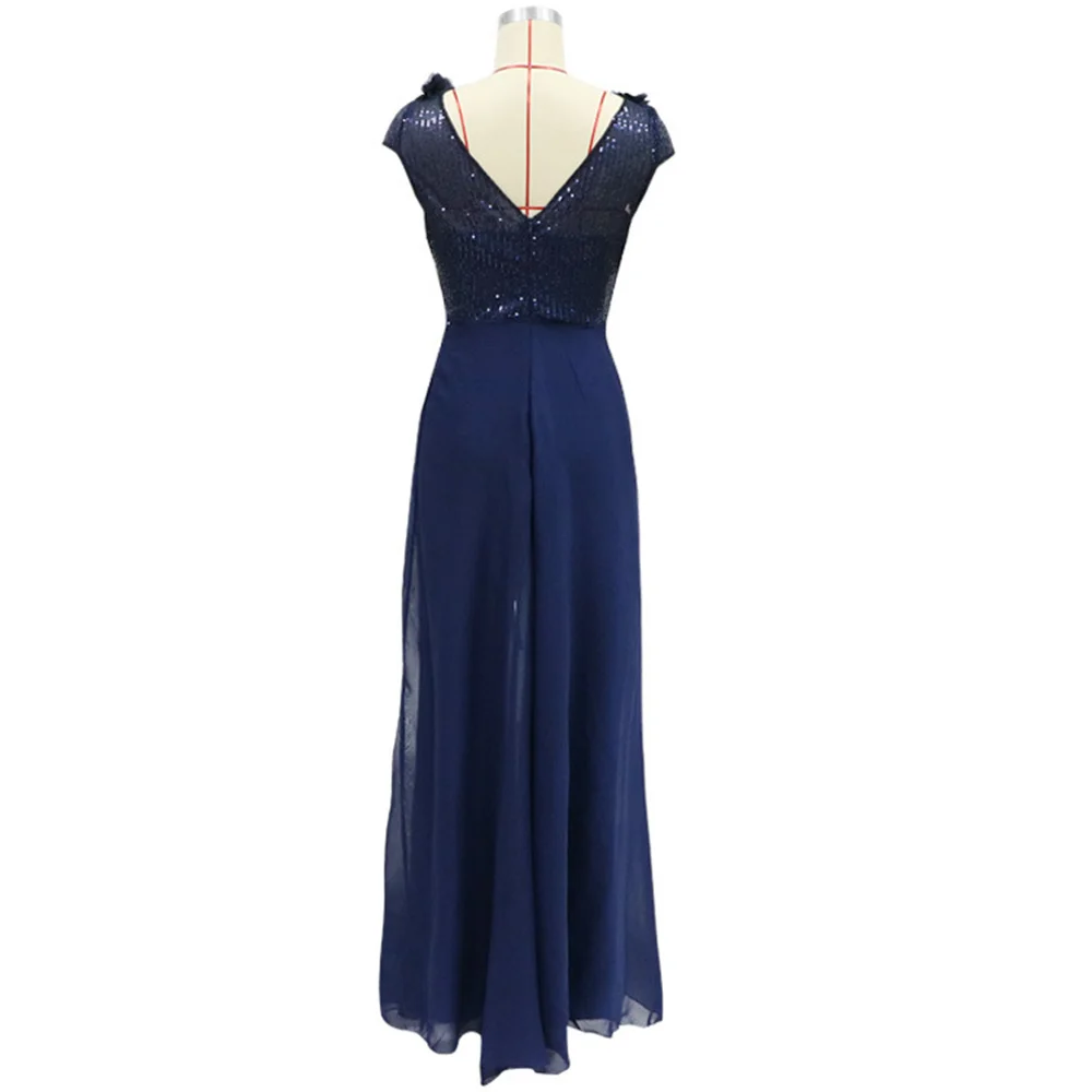 Women Elegant Chiffon Jumpsuit Evening Dress With Overskirt Sexy Deep V-neck Sequined Top Pant Party Dress Backless Prom Dresses