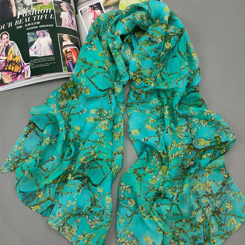 Женский шёлковый шарф-платок сине-зеленый длинный из 100% шелка 175 х65 см