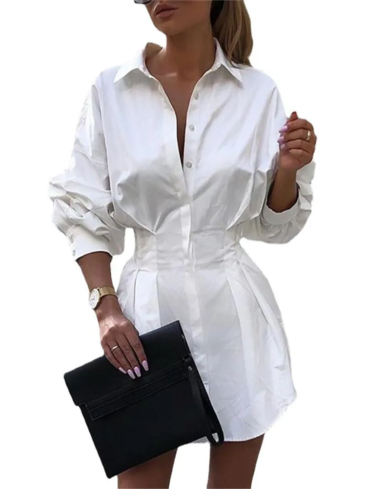 

Платье-рубашка INDJXND женское с пышными длинными рукавами, однотонная офисная туника с V-образным вырезом, повседневное праздничное Белое на п...
