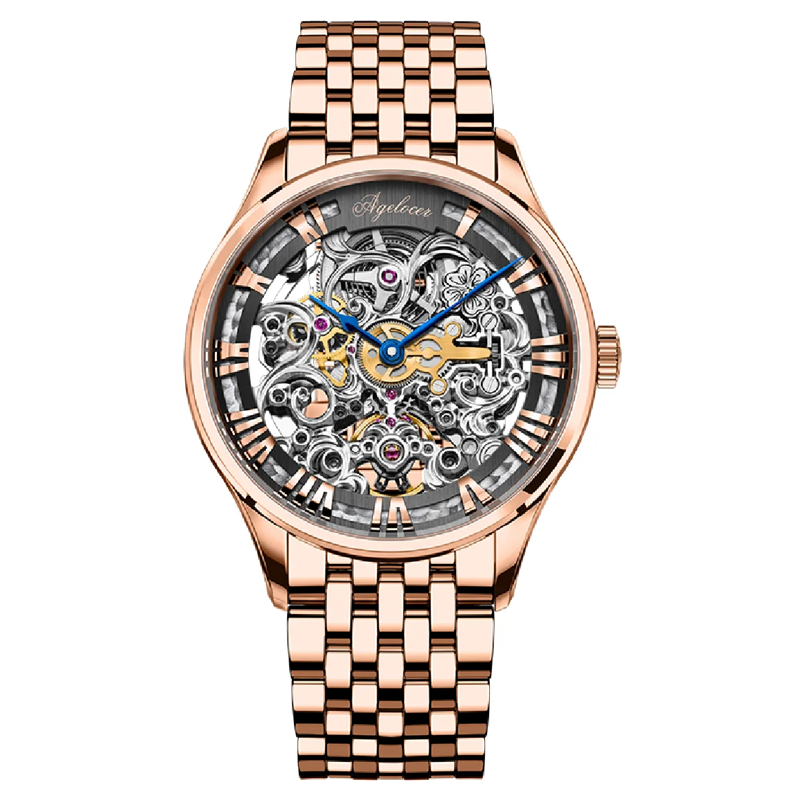 

AGELOCER Original Sapphire Automatic Watch For Men Steel Luxury Design Rose Gold Bracelet Men Mechanical Skeleton Wrist Watches