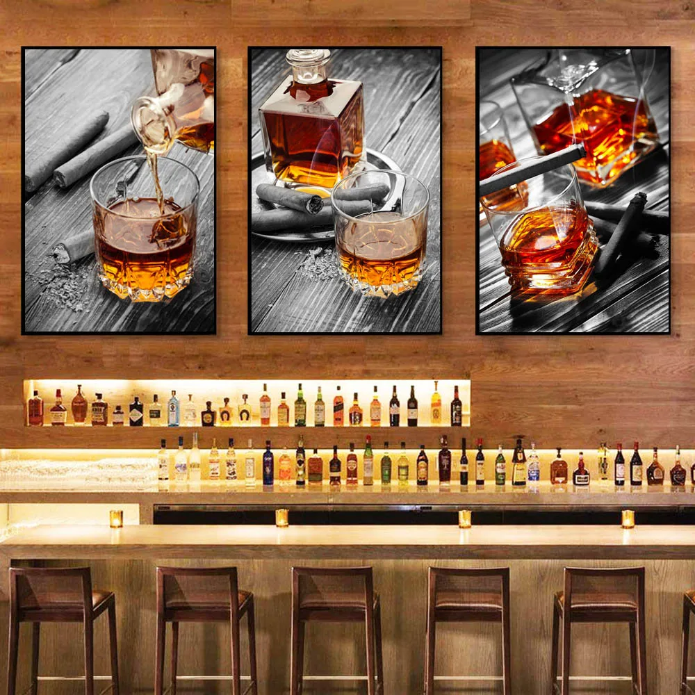 

Wall Art Wine Glass Canvas Painting Whisky Bottle Cigar Poster Living Room Kitchen Home Decoration Mural Fashion Bar Restaurant