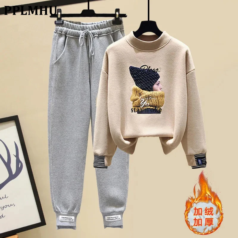 

Autumn Winter Plus Velvet Casual 2 Piece Set Women Outfits Korean Tracksuit Print O-Neck Sweatshirt And Sweatpants Jogging Suits