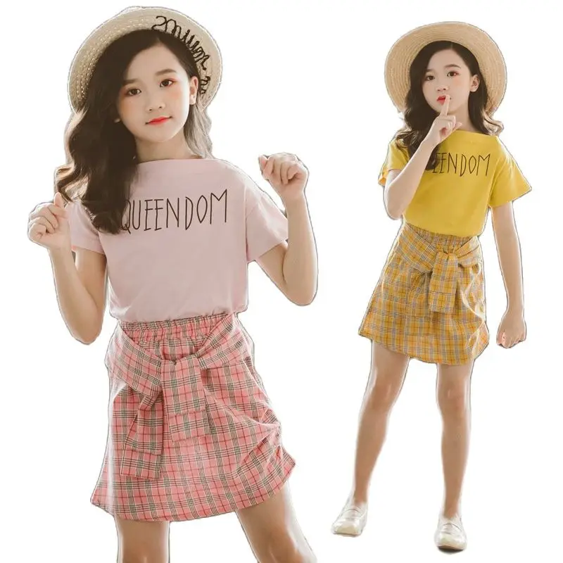 

Kids Girls Clothing Summer Short Sleeves + Plaid Skirt Suit Youth T-Shirt with Letter Top Skirt 2 Piece Set Baby Girls Clothes