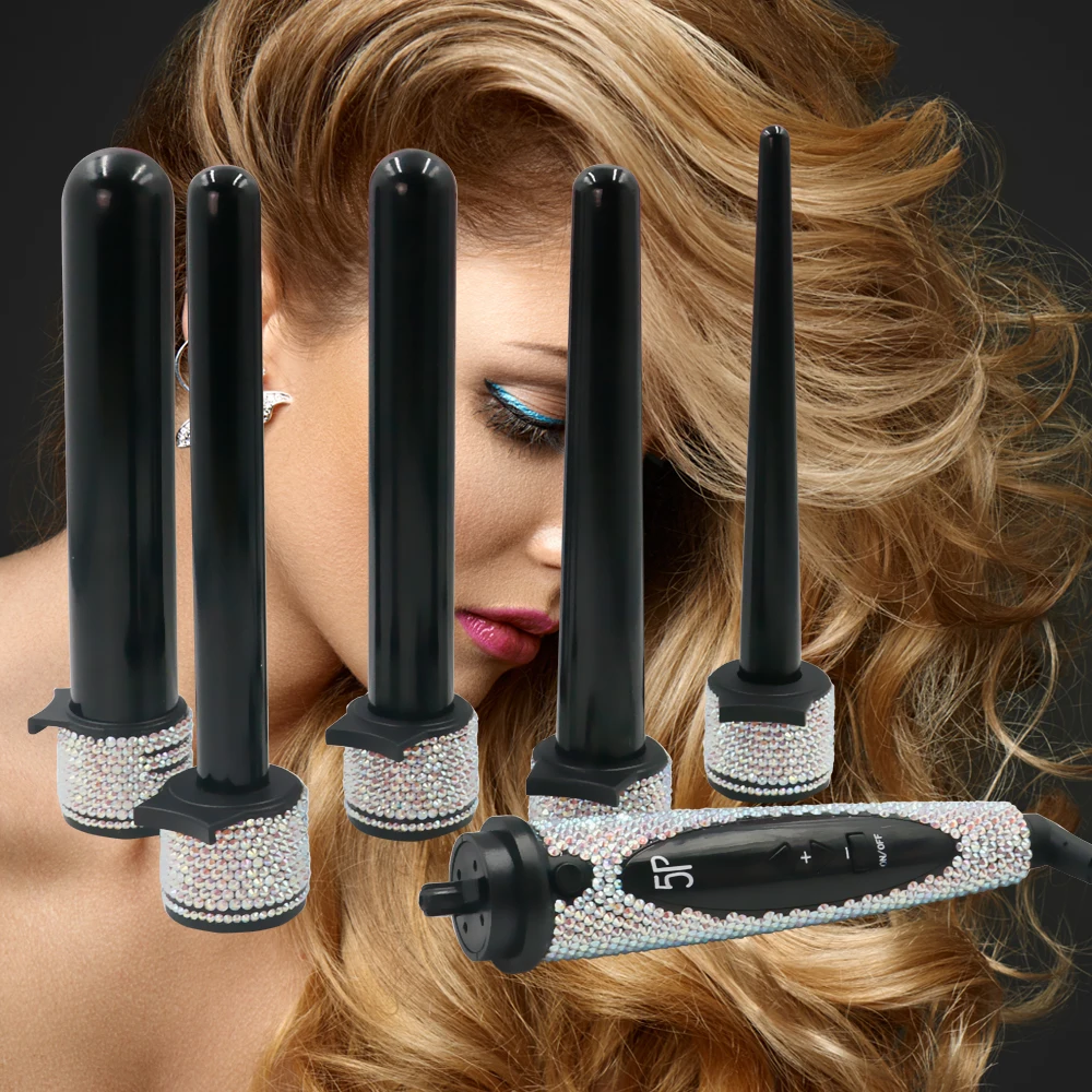 Crystal Curling Iron 5 in 1 Hair Curling Wand Set 0.3 to 1.25 inch Interchangeable Ceramic Barrels with Heat Resistant Glove