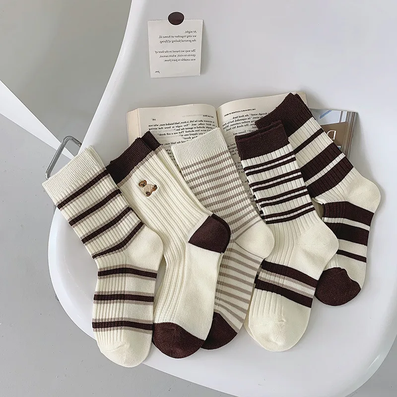 Women's Cotton Socks Japanese Stacked Socks Black and White Striped Embroidery Long Tube Socks Ladies Casual Breathable