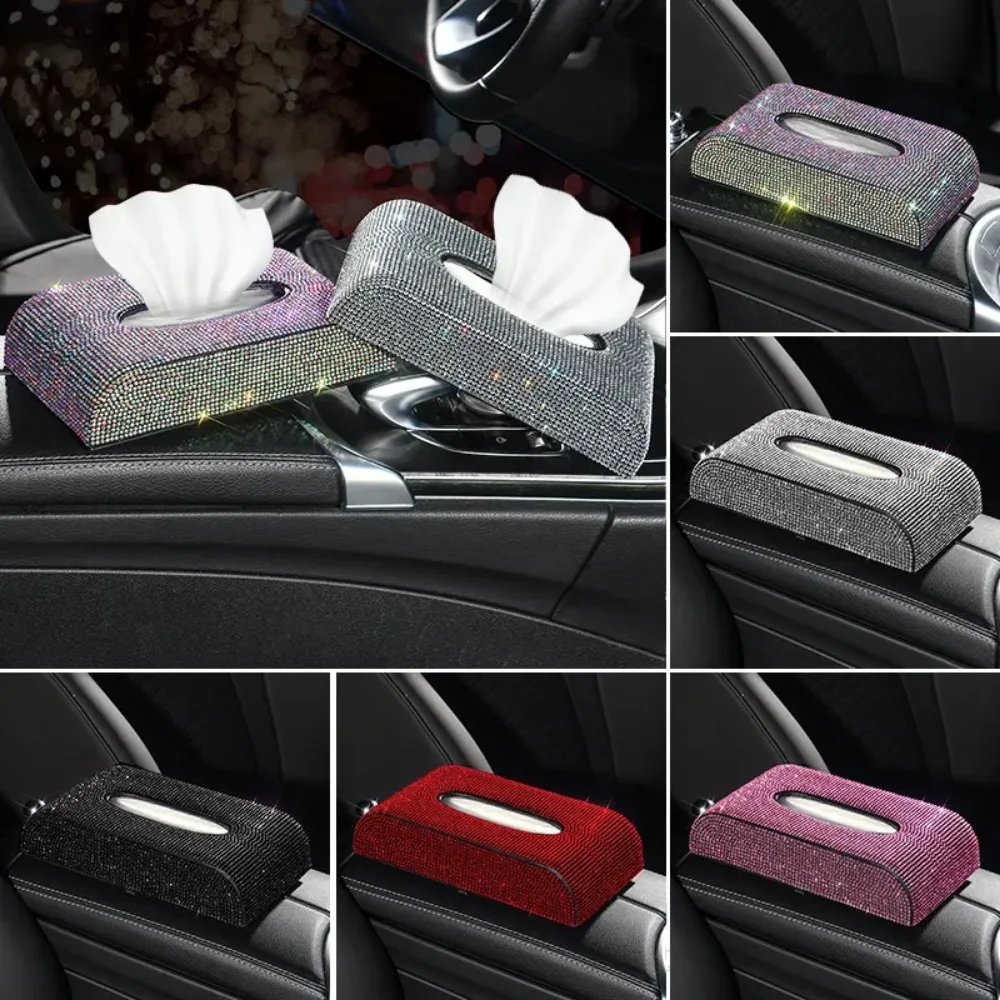 

Bling Crystal Car Tissue Box Luxury PU Leather Auto Paper Box Holder Cover Case Tray Car Accessories for Home Office