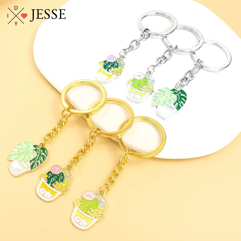 

Enamel Green Leaf Potted Plants Keychains Cartoon Cactus Flower Pendant Keyrings For Women Girl Bag Car Key Holder Jewelry Gifts