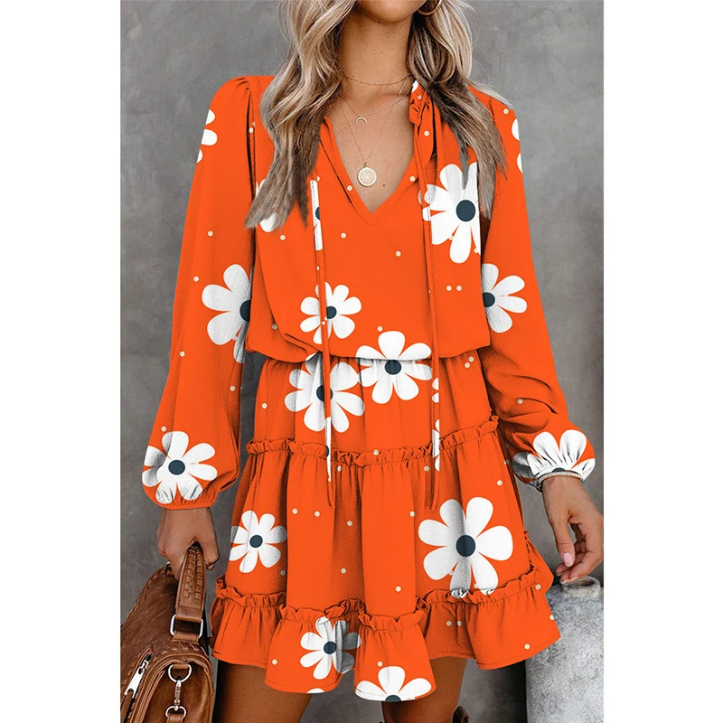 

2022 Autumn Winter New Women Dress Ruffle Long-sleeve Fashion Print Dress Holiday Beach Flower V-neck Sexy Mini Female Vintage