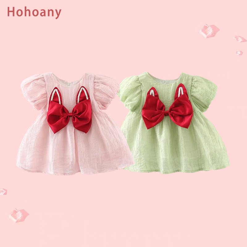 Hohoany Summer New Baby Girl Dresses Sweet Puff Sleeves Thin Toddler Costume Bowknot Children Clothes 0 to 3 Years Old Wholesale