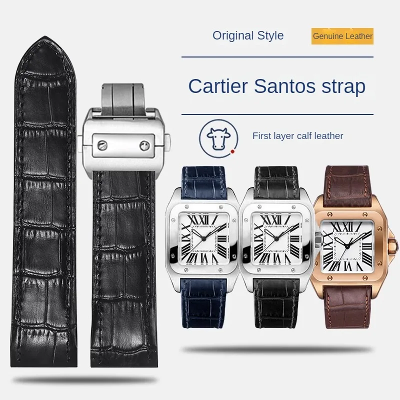 

Straight Interface Leather Watch Strap Substitute Santos Series Men And Women Butterfly Buckle Cowhide Watch Strap 20/23mm