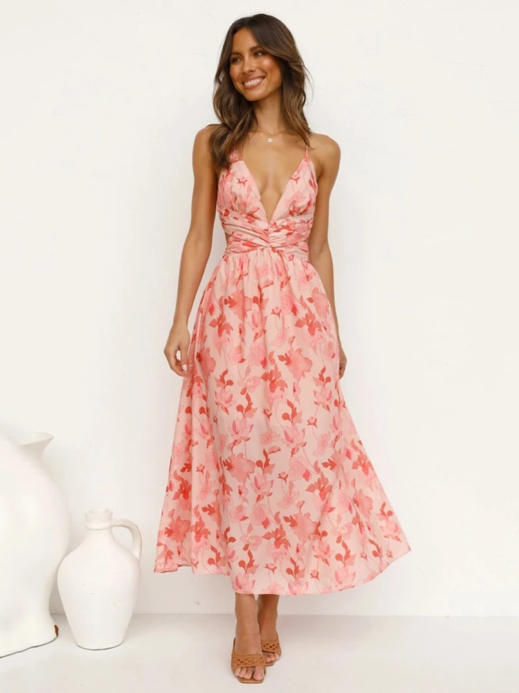 

KBAT Summer Dress 2022 Floral Vestidos Mujeres Sexy Maxi Dress Long Pleated Dresses Backless Robe Femme Robe Long Evenning Dress