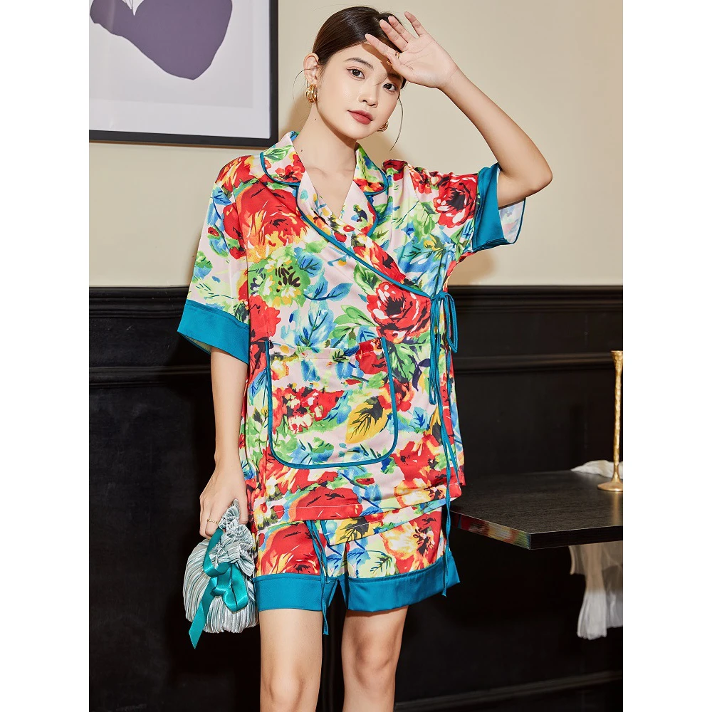 

Maison Gabrielle 2022 Summer Vintage Floral Printed Pajamas Set Loungewear Sleepwear for Women 2 Pieces Short Sleeves Silk Satin
