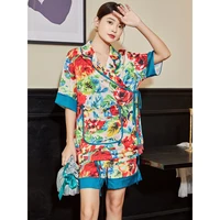 maison gabrielle 2022 summer vintage floral printed pajamas set loungewear sleepwear for women 2 pieces short sleeves silk satin