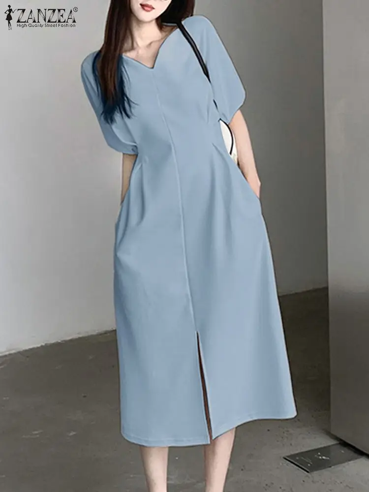 

Платье ZANZEA женское повседневное с разрезом, модный праздничный свободный элегантный Однотонный сарафан с V-образным вырезом и пышными рукавами, на лето