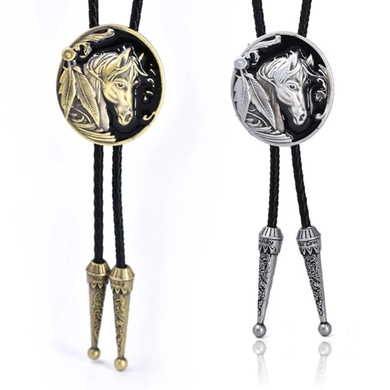 

F42F Bolo Tie for Men Western Cowboy Style Necktie with Relief Horse Buckle Decors