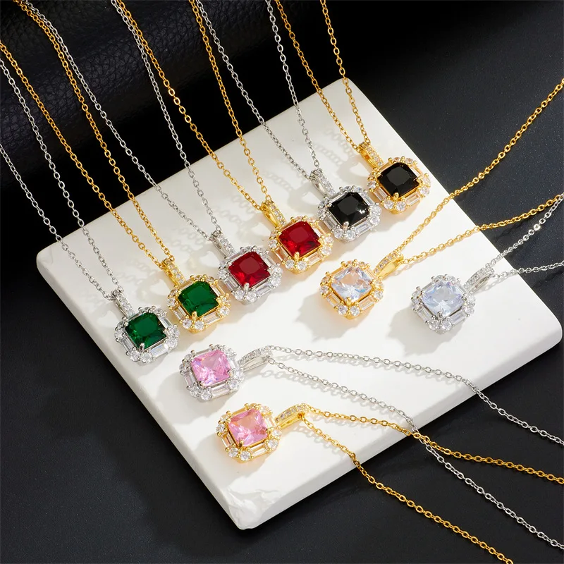 

10pcs/lot Stainless Steel Gold Silver Color Zircon Square Pendant Chain Necklace for Women Party Fashion Jewelry Gift Wholesale