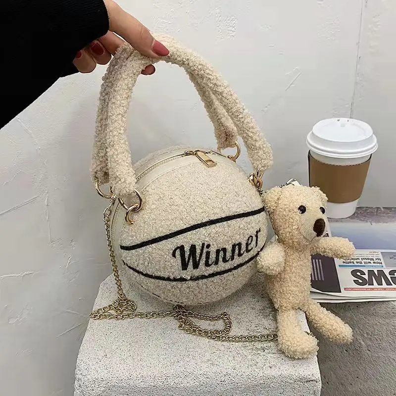 

Women's Crossbody Soft Plush Basketball Bag 2021 New Winter Warm Ball Purses Girls Shoulder Bags Female Chain Bags