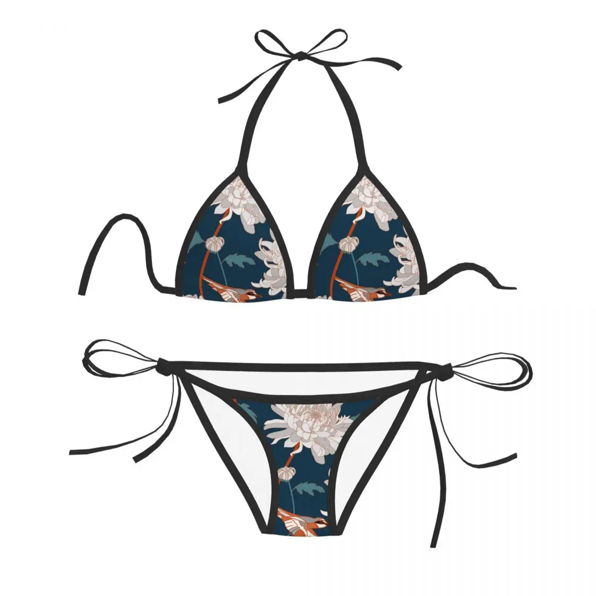 

Women Sexy Bikini Set Push-up Bra Halter Thong Brazilian Swimsuit Swimwear Beachwear Bathing Vintage Flower Chrysanthemum