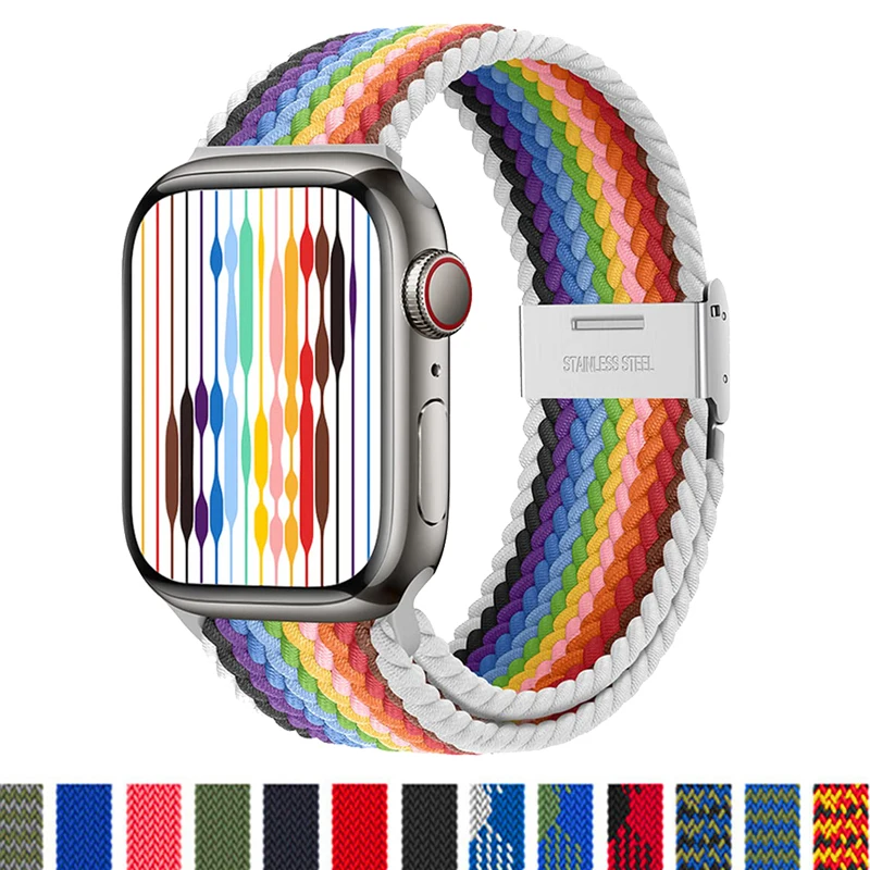 

Ремешок Плетеный Соло для Apple watch band 44 мм 40 мм 45 мм 41 мм 42 мм 38 мм, эластичный нейлоновый браслет для iWatch Series 3 4 5 se 6 7