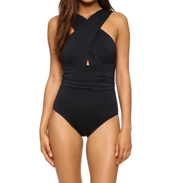 Black Deep Feelings Cross One-piece Swimsuit Women Plain Cutout Halter Swimwear Beach Sexy Bathing Suit Swimsuits