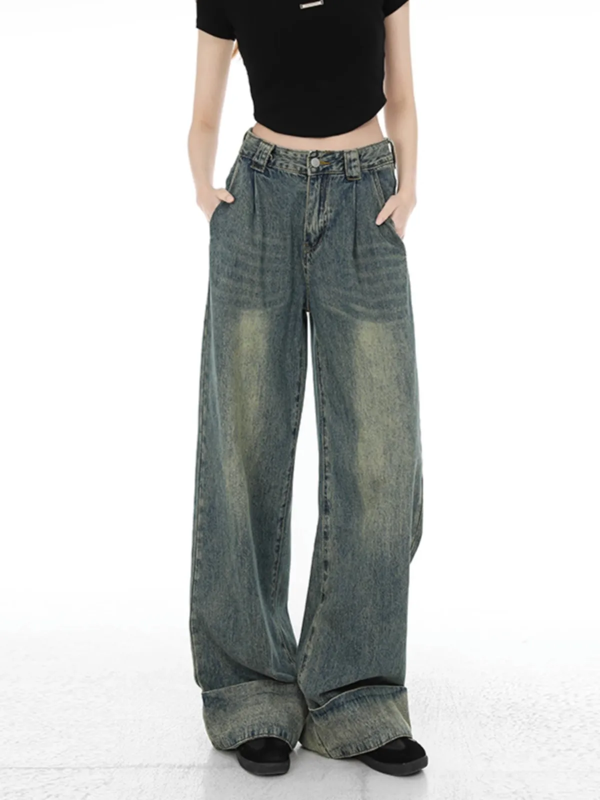 

WCFCX STUDIO Y2k Vintage Streetwear Jeans For Woman's Blue Wide-Leg Floor-Length Women's Denim Pants High Waist Baggy Mom Pants