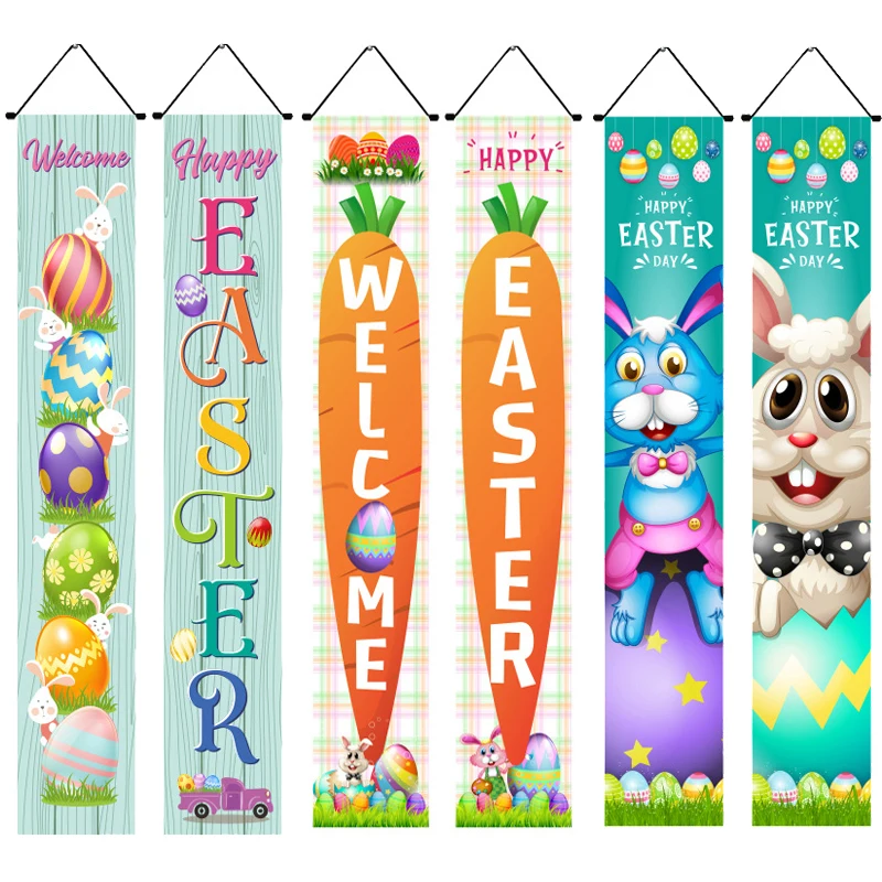 

Happy Easter Decoration Door Banner Welcome Porch Sign Easter Bunny Eggs Hanging Flag Spring Party Easter Decoration For Home