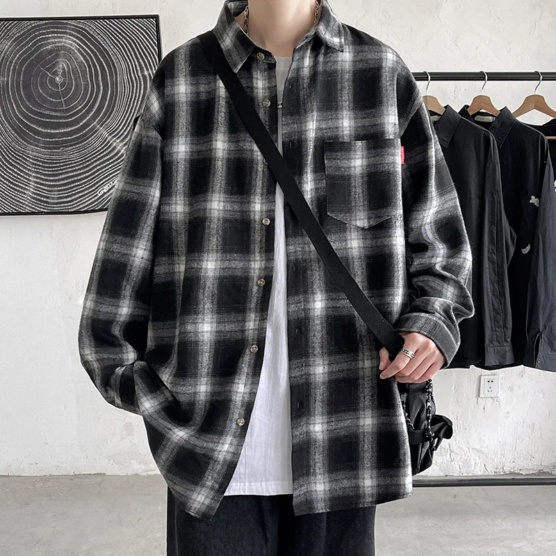 Flannel Plaid Shirts Men Streetwear Casual Versatile 2022 Autumn High Quality Male Harajuku Oversized Retro Long-sleeved Blouses