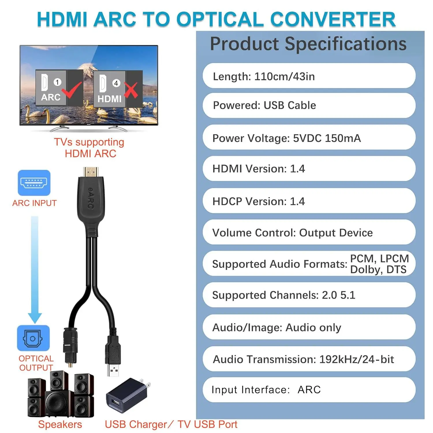 Фото Аудиоэкстрактор 192 кГц ARC, HDMI ARC Return Extractor, конвертер DAC, экстрактор аудиосигнала ARC в оптический и 3,5 мм L/R стерео №5