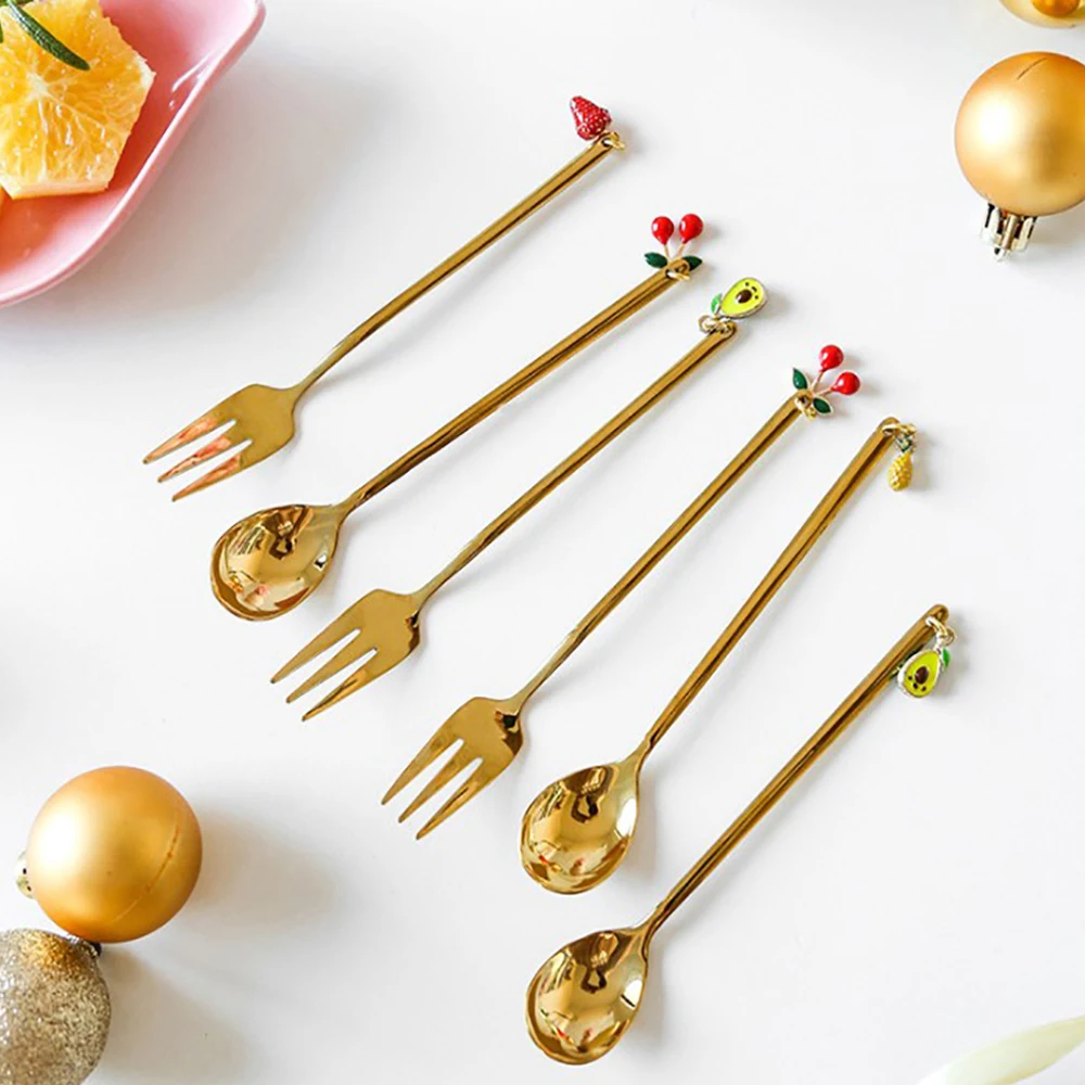 

2 Colors Creative Fruits Pendants Stainless Steel Spoon Fork Coffee Spoon Dessert Mini Forks for Kitchen/Restaurants/Bar