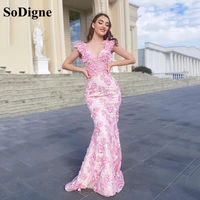 sodigne pink lace 3d flower prom dresses engagement formal dress v neck dubai arabic cap sleeves mermaid evening gown