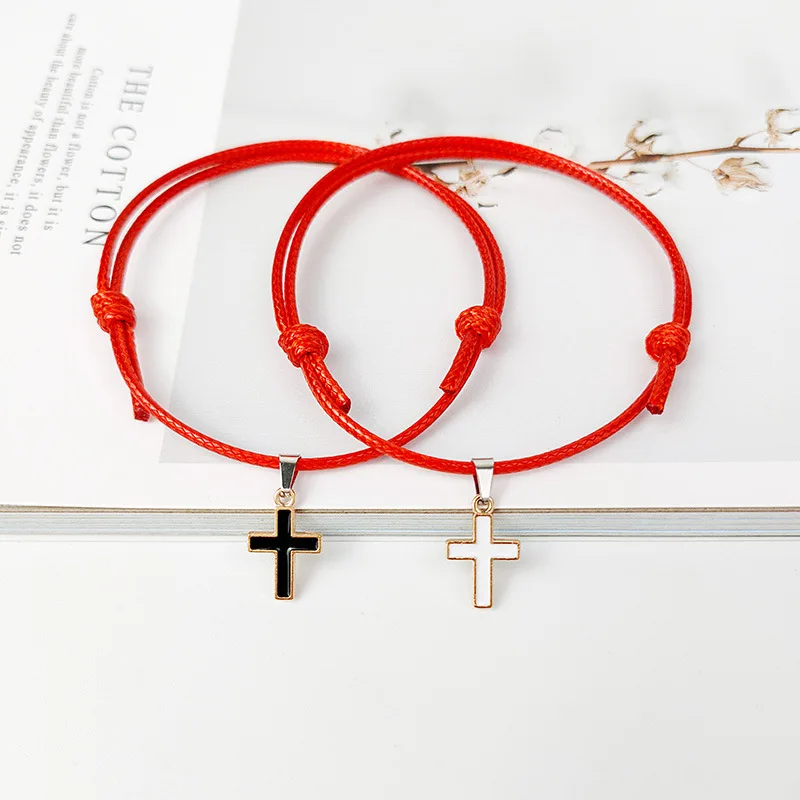 

Charm Enamel Cross Pendant Rope Bracelet for Couple Women Men Simple Handmade Woven Adjustable Lover Friendship Jewelry Gift