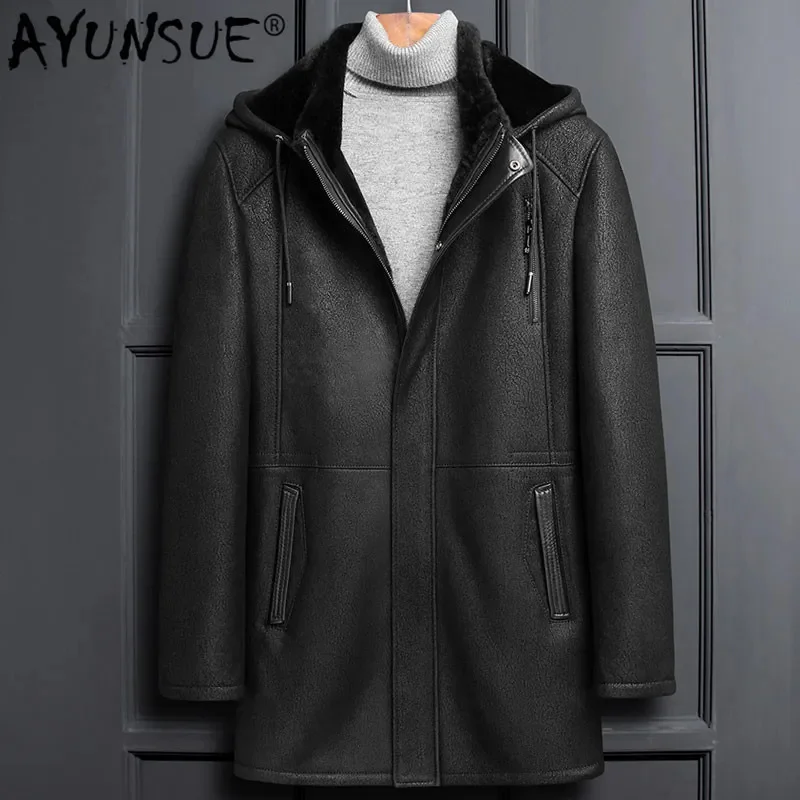 

AYUNSUE Winter Genuine Leather Men Sheepskin Coat Real Fur Vintage Shearling Jacket Hooded Thick Coats LSY1100 KJ3823