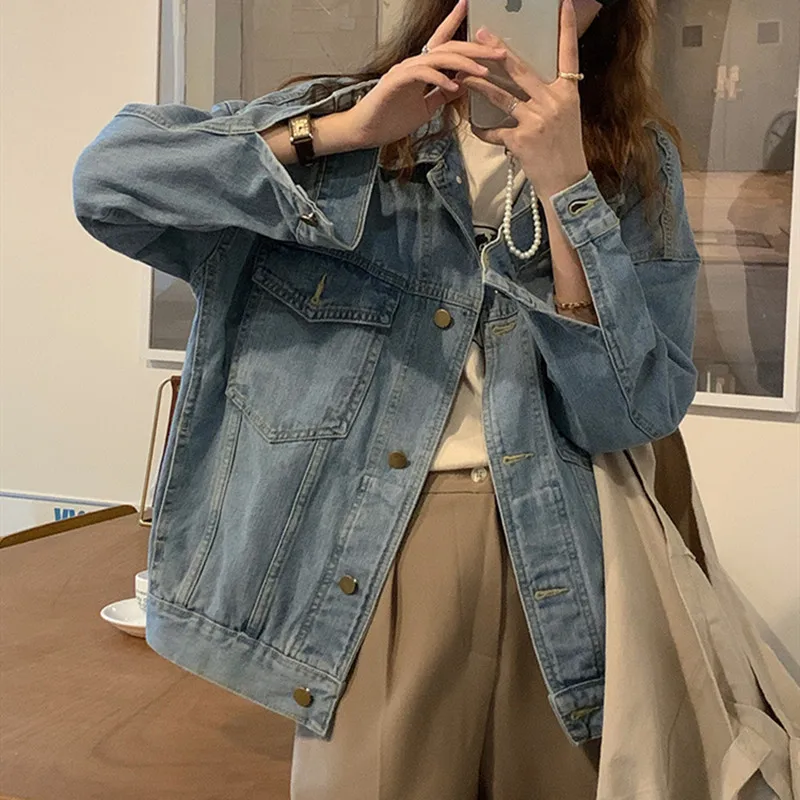 

All Match Spring Autumn Fashion Woman Solid Casual T-Shirts Women's Loose Lovely Cool Girl Pockets Denim Jacket Coat