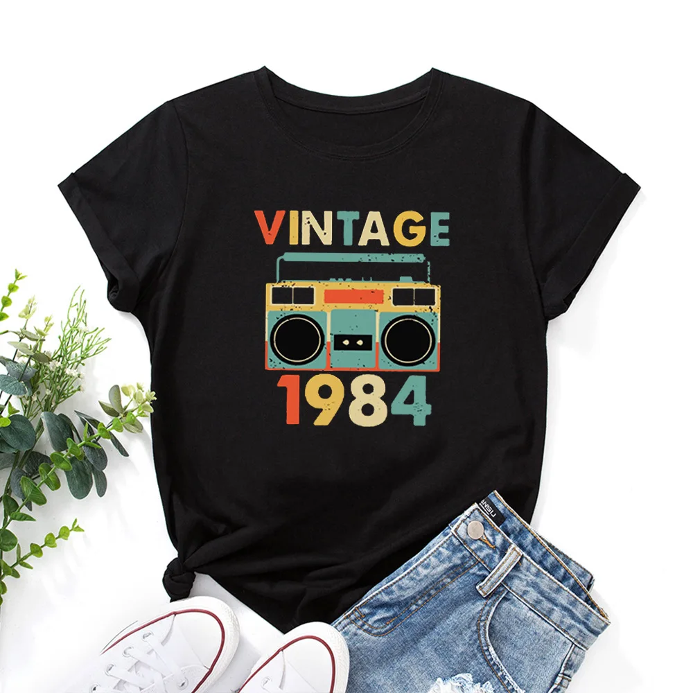 

Футболка женская винтажная в стиле ретро, Классическая Повседневная рубашка с диктофоном, подарок на день рождения, лето 1984