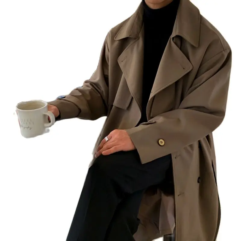 

men's clothing Korean trend windbreaker mid long loose clothes handsome male's Autumn casual trench coat with belt new 4312