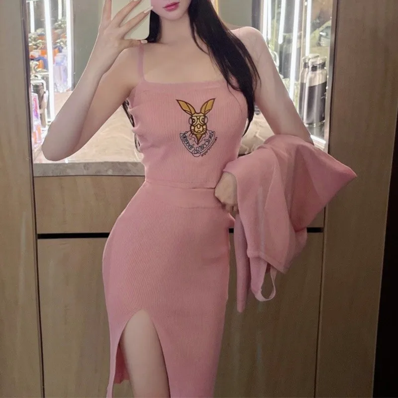 

2022 summer Cardigans + Camisole Vest + Skirt suit 3pcs Sets crop top sexy outfits for woman ensemble femme ropa mujer