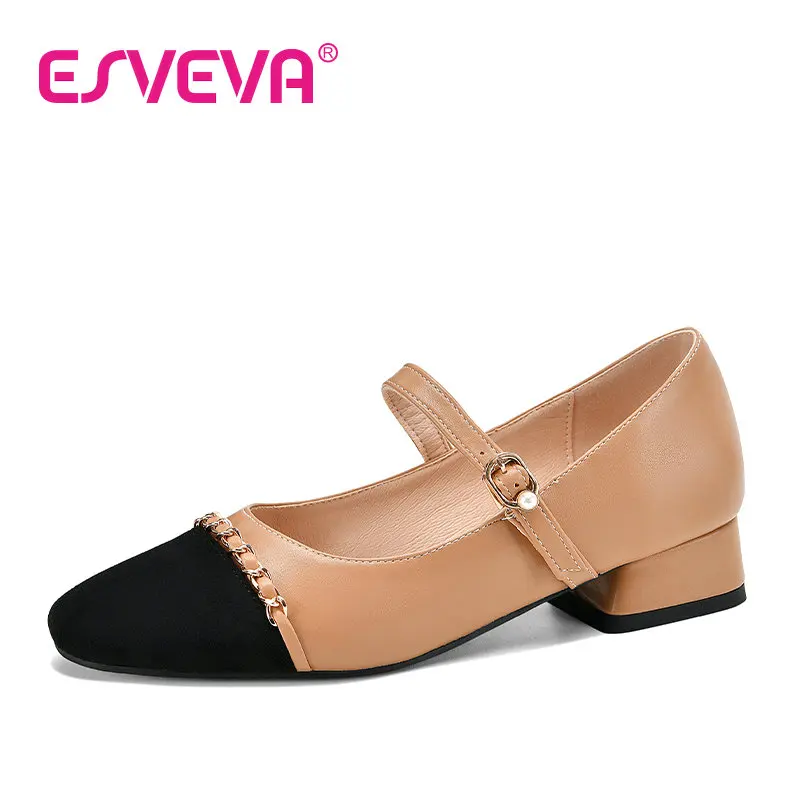 

ESVEVA 2022 Pointed Toe Pumps Summer Low Heel PU leather Mixed Color Buckle Square Heel Women Shoes Size 34-43