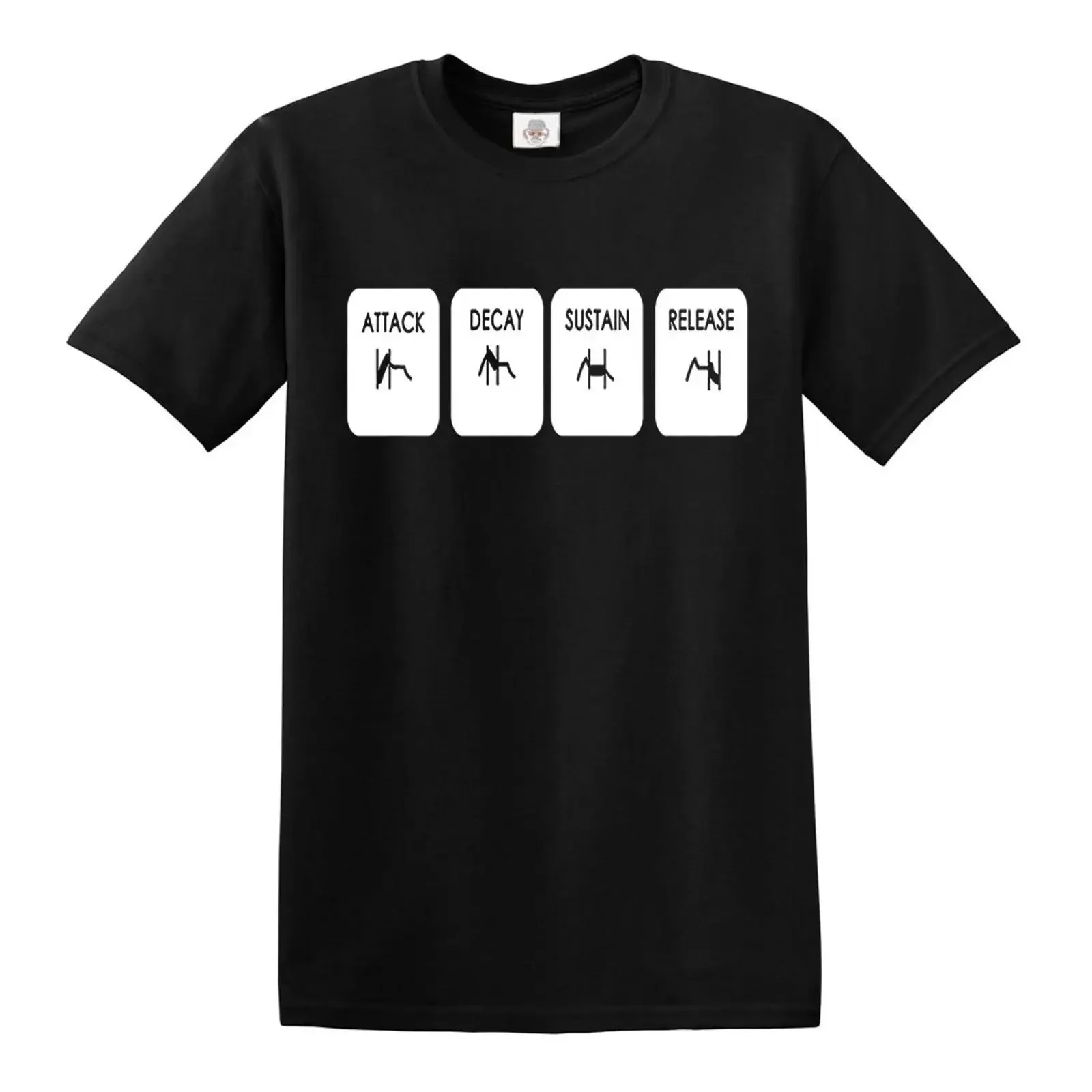 Фото Футболка ADSR для мужчин: синтезаторы Moog, Roland, Ableton. Винтажный стиль, эффект потертости. Стильная дизайнерская одежда. №1