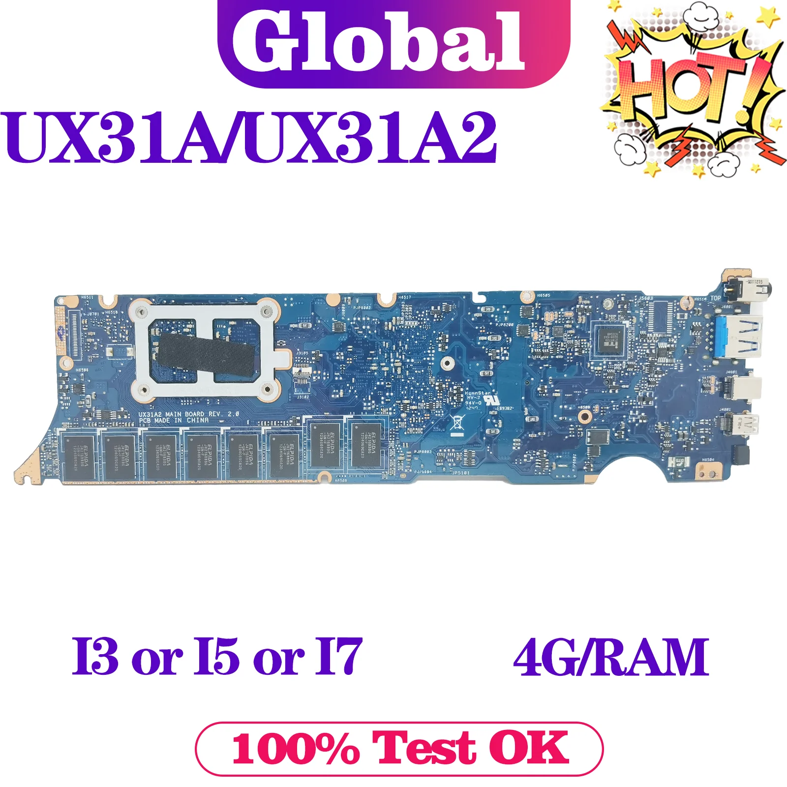 KEFU UX31A Mainboard For ASUS Zenbook UX31A2 Laptop Motherboard I3 I5 I7 3th Gen 4GB-RAM Notebook MAIN BOARD REV:2.0 4.1