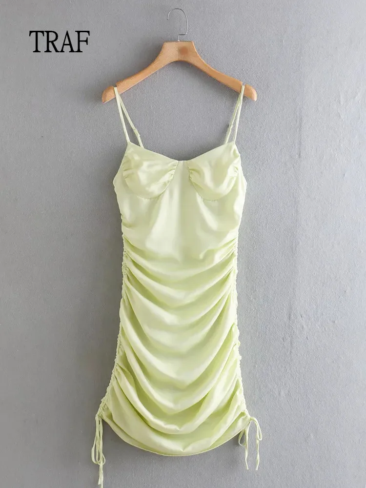 

TRAF Sexy Satin Slip Dress Women 2022 Fashion Ruched Bodycon Dress Woman Off Shoulder Party Ladies Dresses Summer Short Dresses