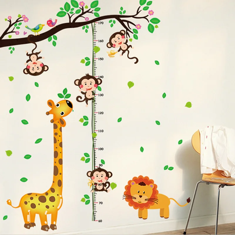 Pegatina de pared de dibujos animados para habitación de niños, decoración de pared con gráfico de crecimiento, jirafa, mono, búho, elefante, León, medida de altura